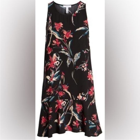 Leith Black Flounce Hem Sleeveless Mini Dress W/Botanical Floral Design. Size XS - Picture 5 of 8